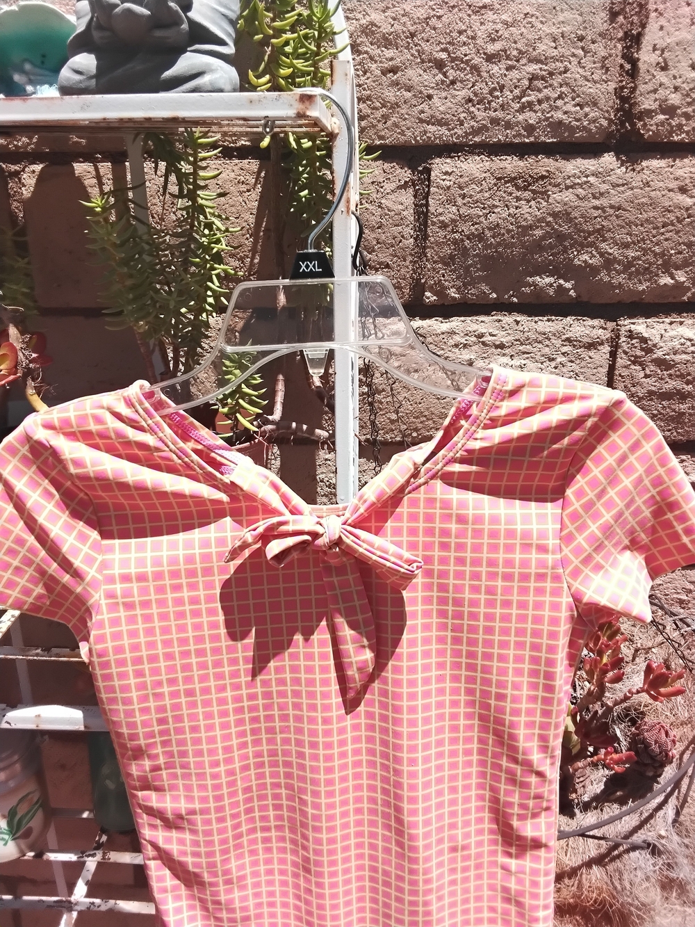 Girls Pink Check One-Piece Swim Suit with Front Tie